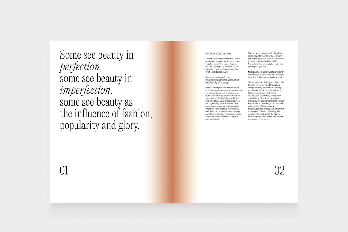 Flat mock-up of a double page of the book showing editorial content