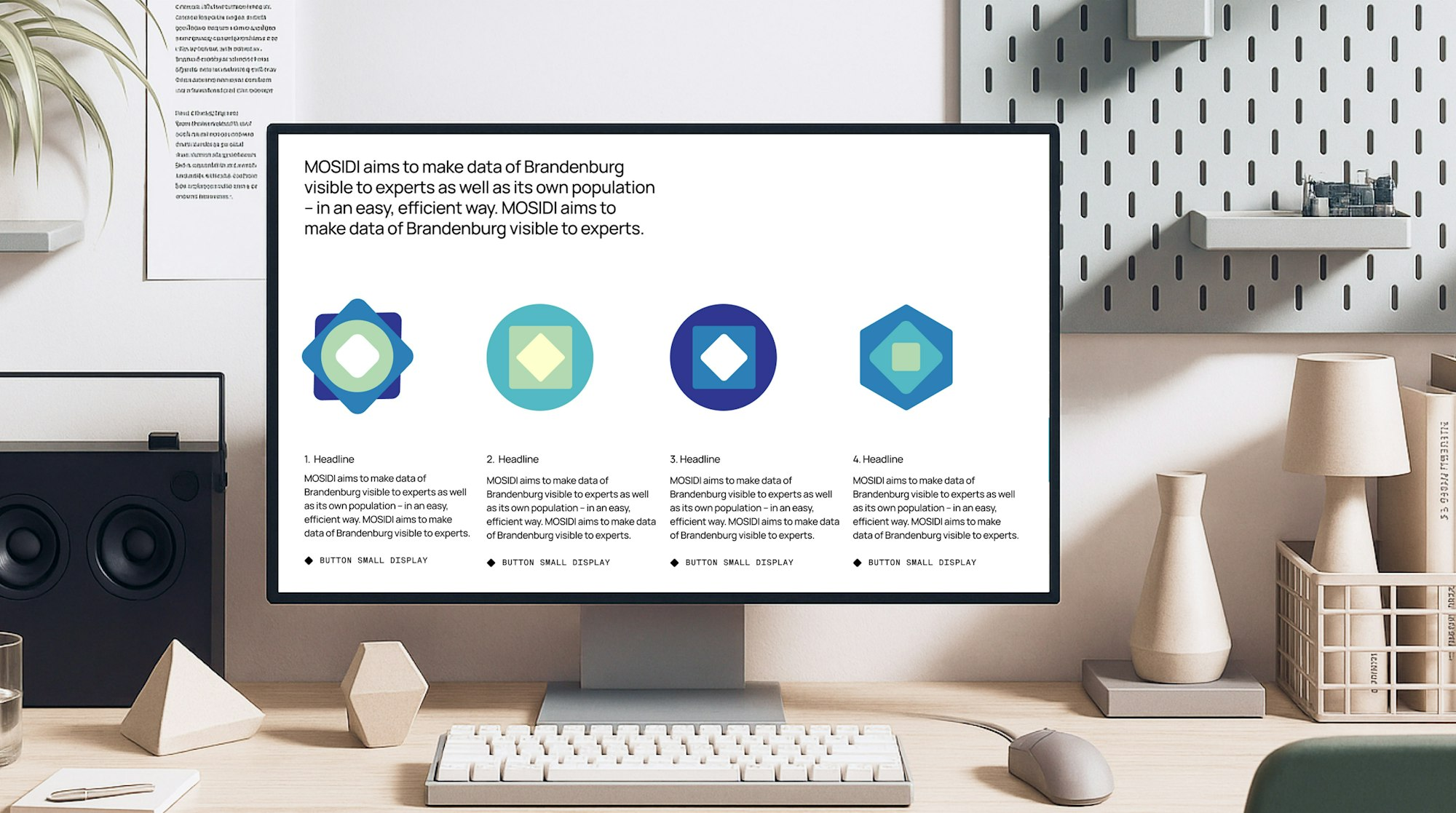 Desktop set-up showing section of the MOSIDI website with shapes from visual identity.